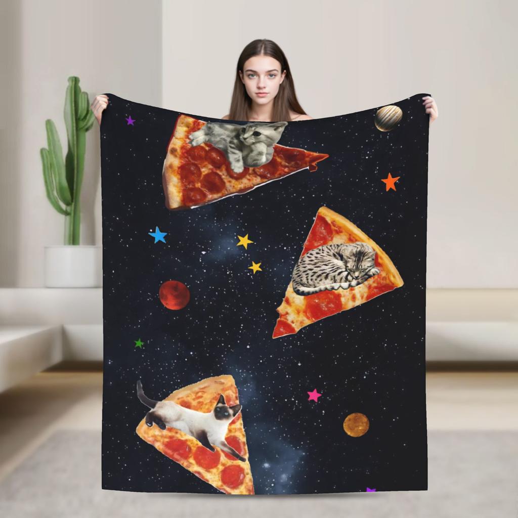 Outer Space Pizza Cat Rainbow Laser Eyes Blanket Flannel Winter Portable Soft Throw Blanket for Bedding