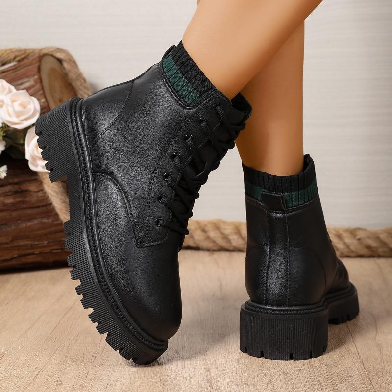 Полусапожки до бедра Осень Новые Круглый носок Передняя шнуровка Платформа Нескользящие Износостойкие Ботильоны на блочном каблуке