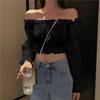 Women Spring Summer Solid Blouses Off Shoulder Long Sleeve White Black Shirt Puff Sleeve Ruffle Tunic Cropped Tops