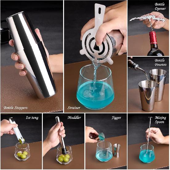 Cocktail Shaker Set Bartender Kit : 15-Piece Bar Tool Set with Acrylic Stand Bars Set with All Practical Bar Accessories, for Drink Mixing, Bar,