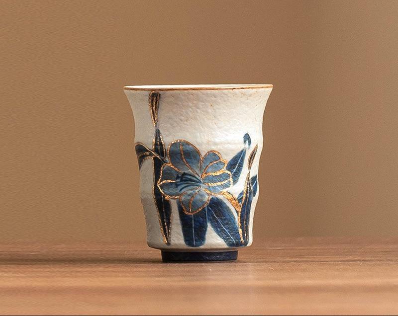 Hand-Painted Lily Bamboo Teacups Blue and White Flint Ceramic Master Cups Household Drinking Cup Chinese Kung Fu Tea Set Bowls