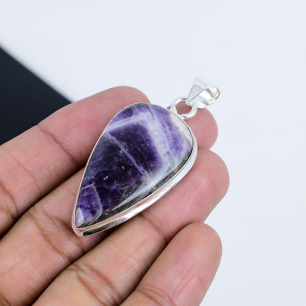 Chevron Amethyst Gemstone Silver Pendant In 925 Sterling Silver - Handmade Pear Design, Everyday Wear Jewelry Party Wear Gift