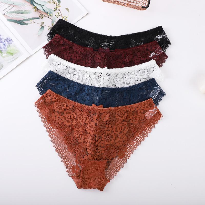 Women's Lace Mid-rise Bowknot Cross-strap Sexy Briefs Hollow Transparent Cotton Crotch Panties