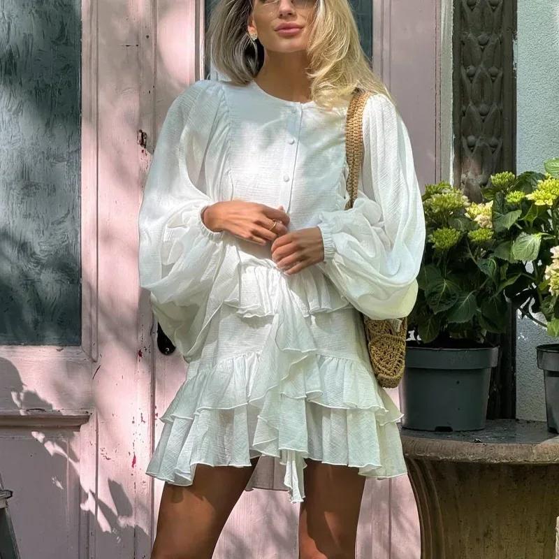 Elegant Solid Layered High Waist Mini Vestidos Women Chic Long Sleeve See Through Ruffles Single Breasted Dress New Street Wear