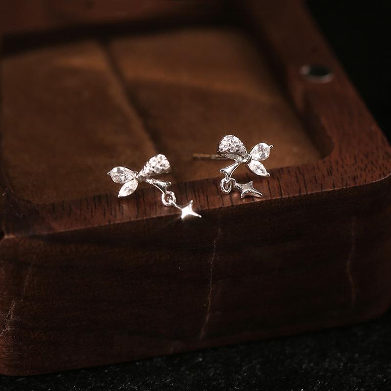 S925 Silver Plated Earrings, Girly Bow Earrings, Sparkling Diamond Four-pointed Star Butterfly Earrings, Temperament Cross Star Earrings, Korea