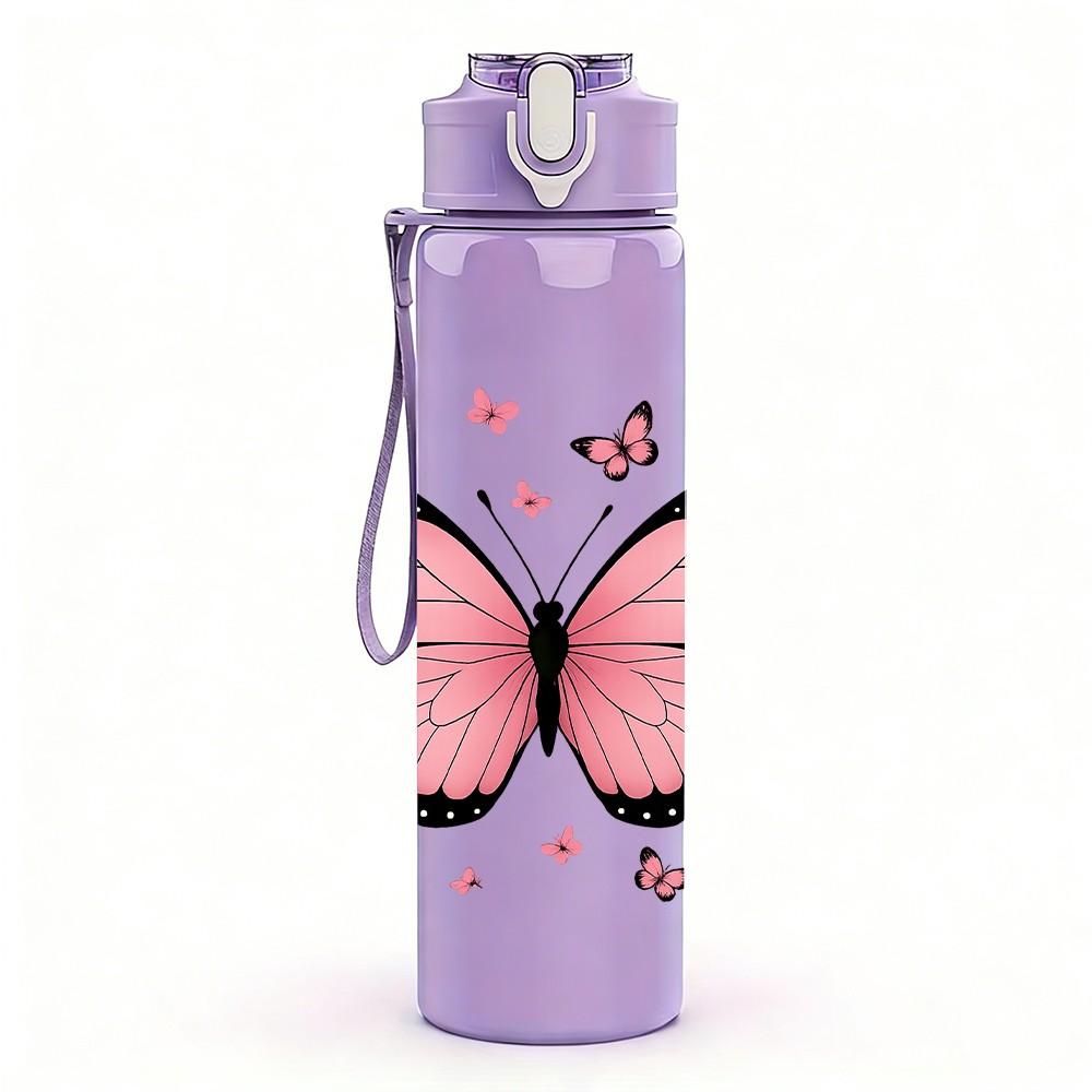 1PC Pink Butterfly Floral Art 750ml Color Plastic Sports Water Bottle Leakproof Flip Straw Lid Suitable for Sports Office Home Use