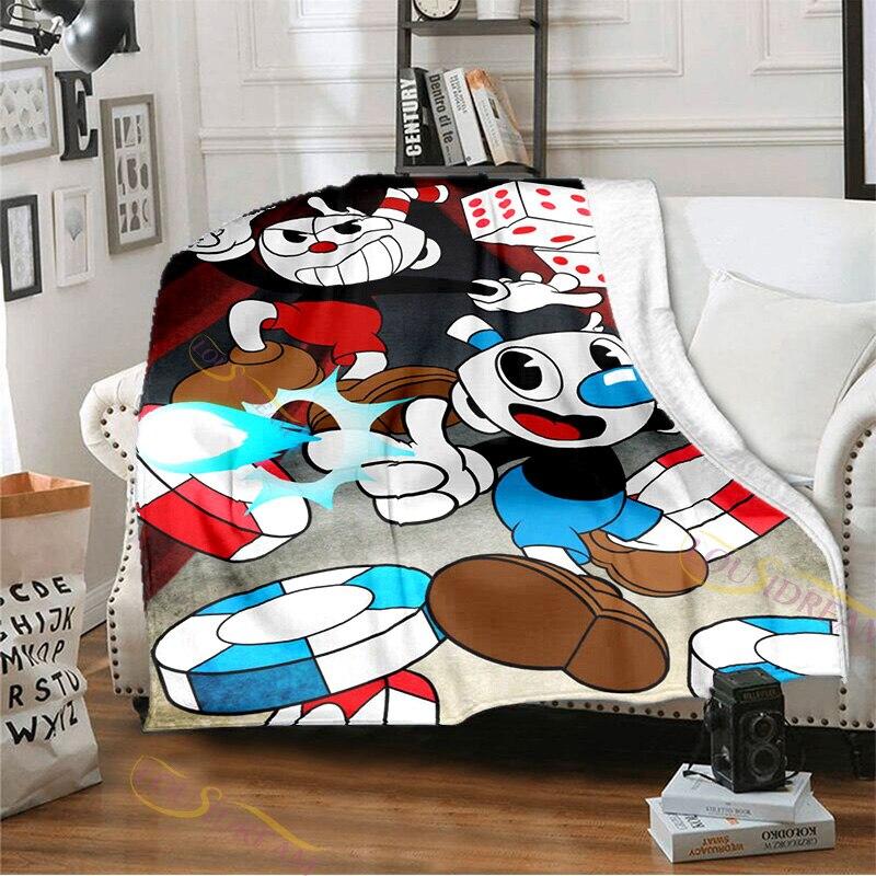 Фланелевое одеяло с узором Cuphead и Mugman для игровой комнаты, уютное одеяло для кровати, легкое мягкое одеяло, одеяло для дивана на все времена года
