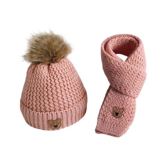Kids Winter Hat Scarf Set Soft Knitted Warm Pom Pom Skull Cap And Neck Warmer Cold Weather Set for Boys Girls Toddlers