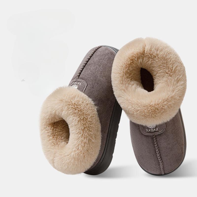 Женские зимние тапочки из хлопка с каблуком-мешком, высокие зимние сапоги из плюша с интегрированным мехом и теплая домашняя хлопковая обувь