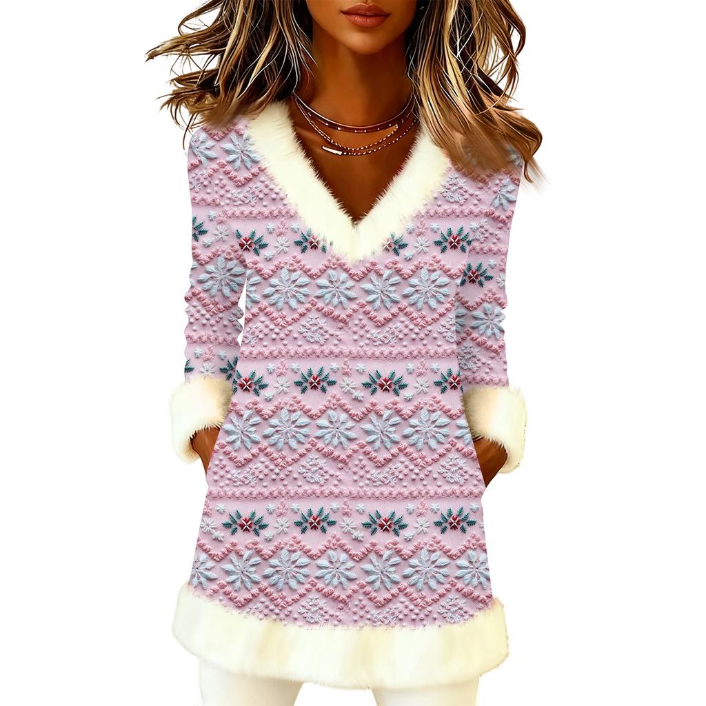 Женский рождественский модный плюшевый пуловер с V-образным вырезом и принтом, с длинными рукавами