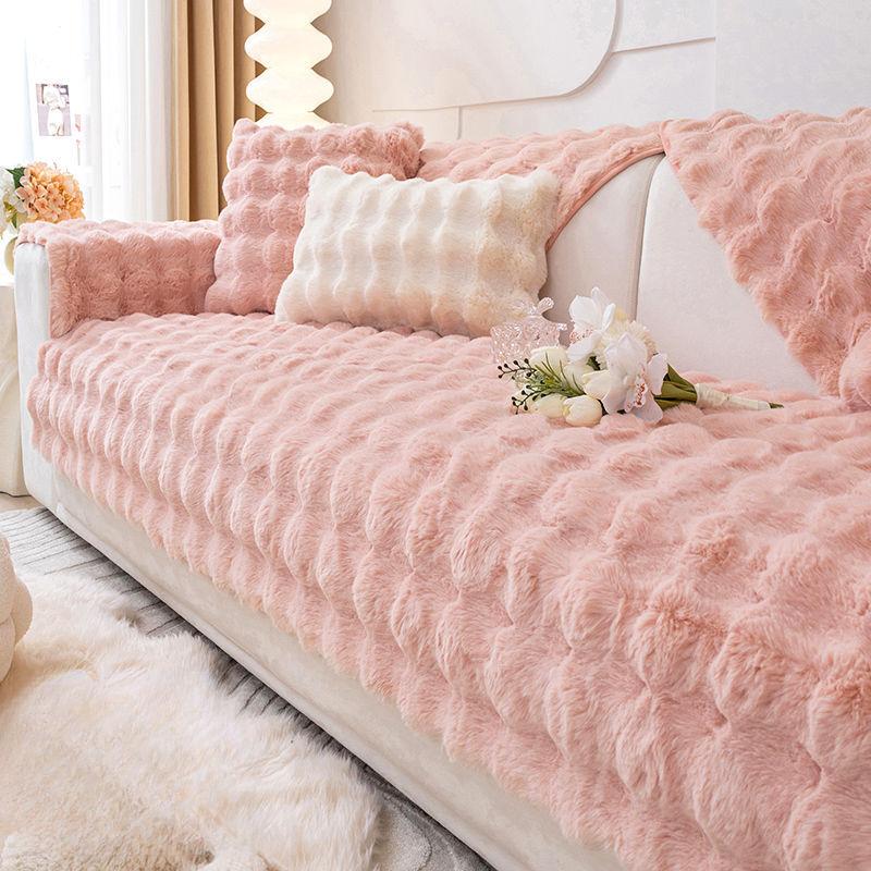 Плюшевый чехол на диван с кроликом Зимняя утолщенная накладка на диван Однотонное премиальное противоскользящее защитное одеяло для дивана Полотенце-пыльник для дивана