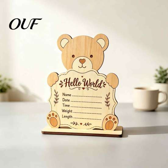 Nursery Shelf Display Sign Wooden Baby Birth Announcement Sign, Cute Bear Hello World Newborn Welcome Statistics Memory Board with Stand, Name Plaques