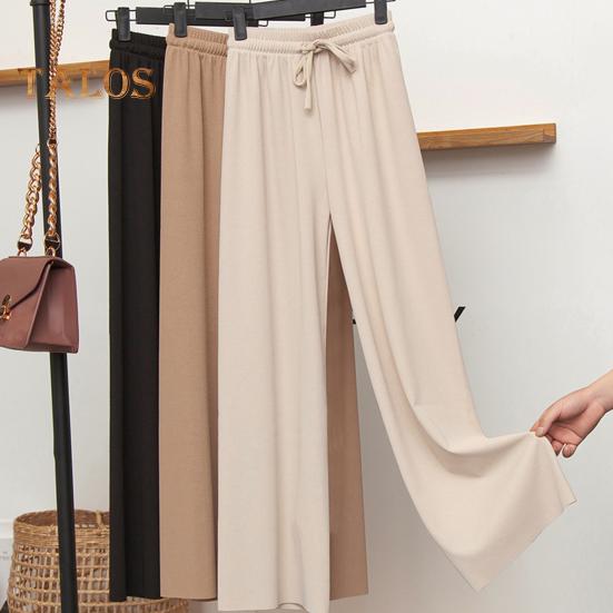 Женские повседневные брюки с эластичной кулиской и высокой талией, широкие длинные брюки, однотонные тонкие брюки для отдыха