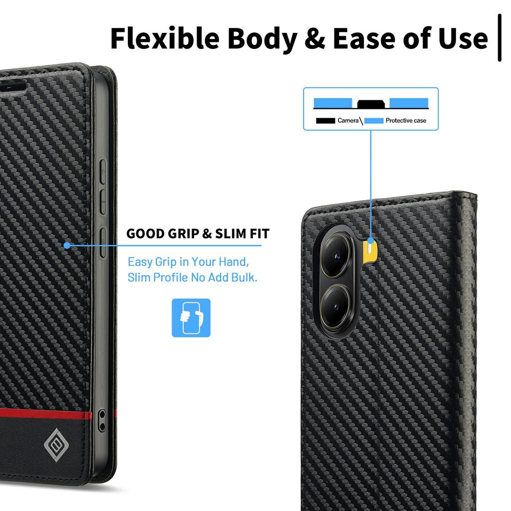 LC.IMEEKE Для Xiaomi Poco X7 Pro 5G Чехол-кошелек Текстура углеродного волокна Кожаный чехол для телефона