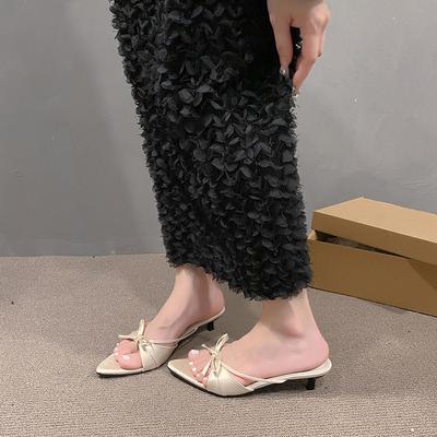 2025 лето новые туфли-шлепанцы с острым носком и бантом, модные повседневные уличные сандалии для женщин на изящном тонком каблуке