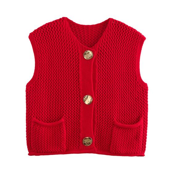 Женский вязаный жилет с V-образным вырезом, без рукавов, однобортный, с карманами, вязаный жилет, универсальный однотонный трикотаж