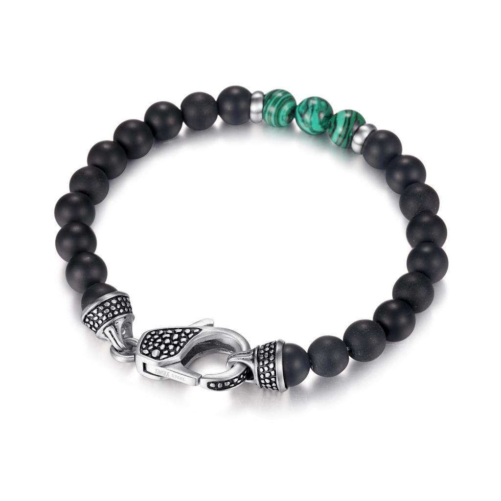 MATT STONE BRACELET 8mm Matt Onyx Stone Bead Bracelet with Reptile Design Lobster Lock, Green Malachit Stones