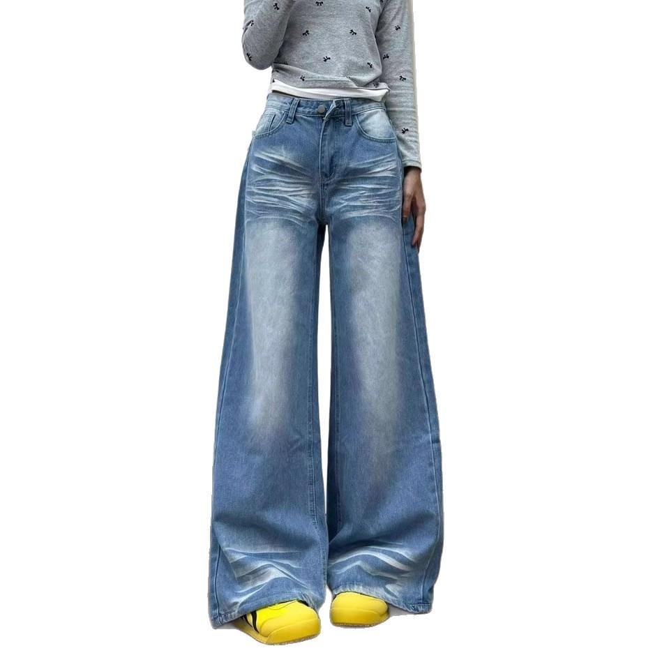 Женские джинсы с высокой посадкой и широкими штанинами, летние, большого размера, облегающие, свободные, драпирующиеся прямые брюки, ретро уличный стиль, мешковатые длинные джинсы для дам