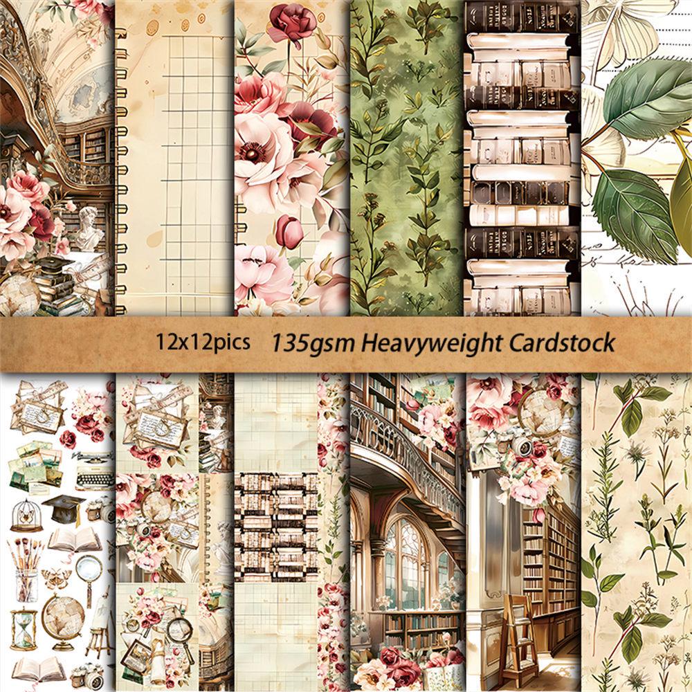 12 Sheets Retro Base Material Academic Background Paper for Journaling - European & American Collage Stickers