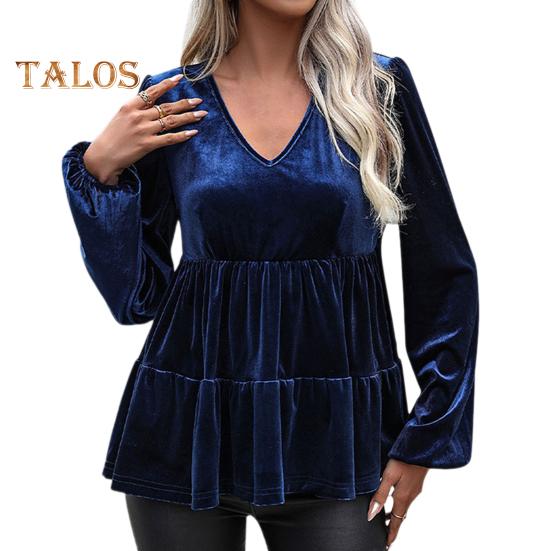 Женские топы с V-образным вырезом, длинным рукавом, однотонный пуловер, свободный покрой, отделка рюшами, бархатная рубашка