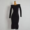 And Winter New Round Neck Long Sleeves Knitted Sweater Dress Women's Waist-Tight Slim Looking Mid Length Long Length Double Slits Hip-Wrapped Dress