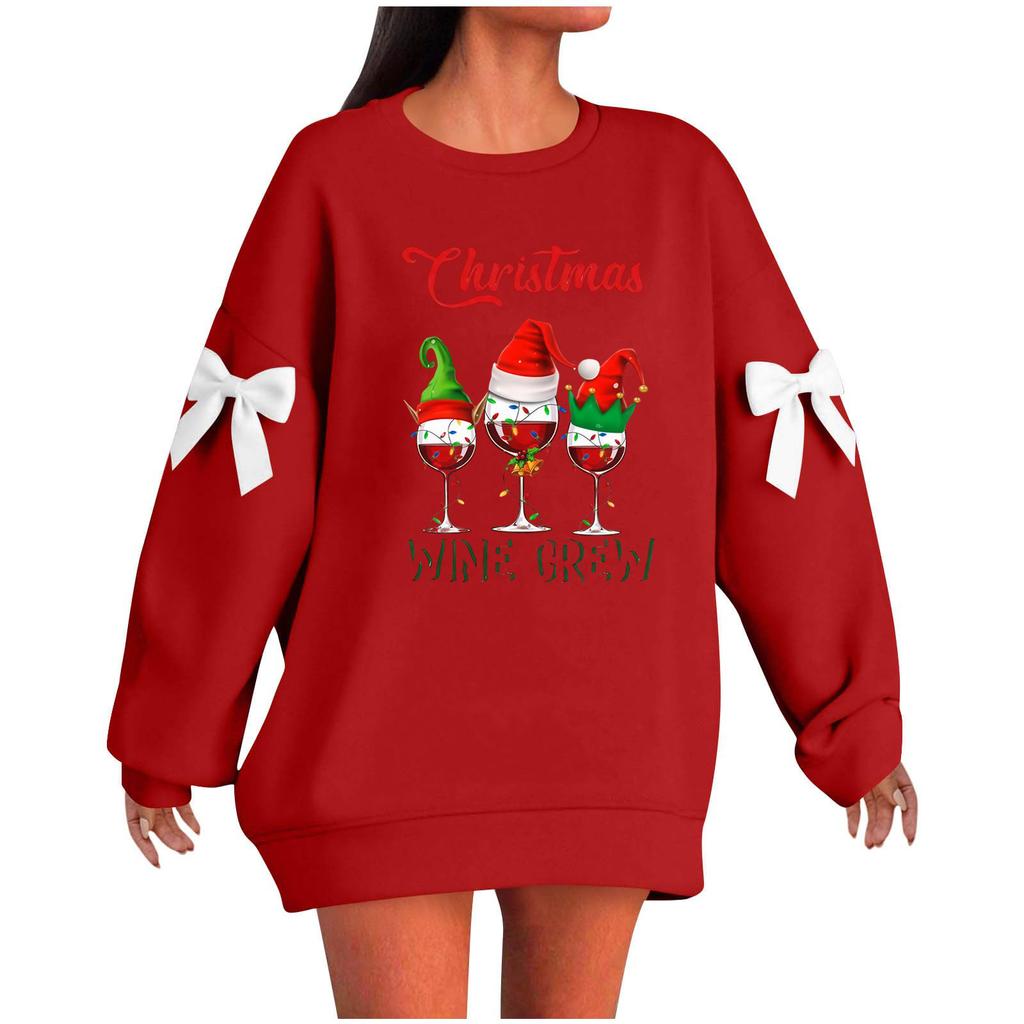 Ladies' Christmas Printed Bow Round Neck Long Sleeved Loose Pullover Sweater Sweatshirt Top