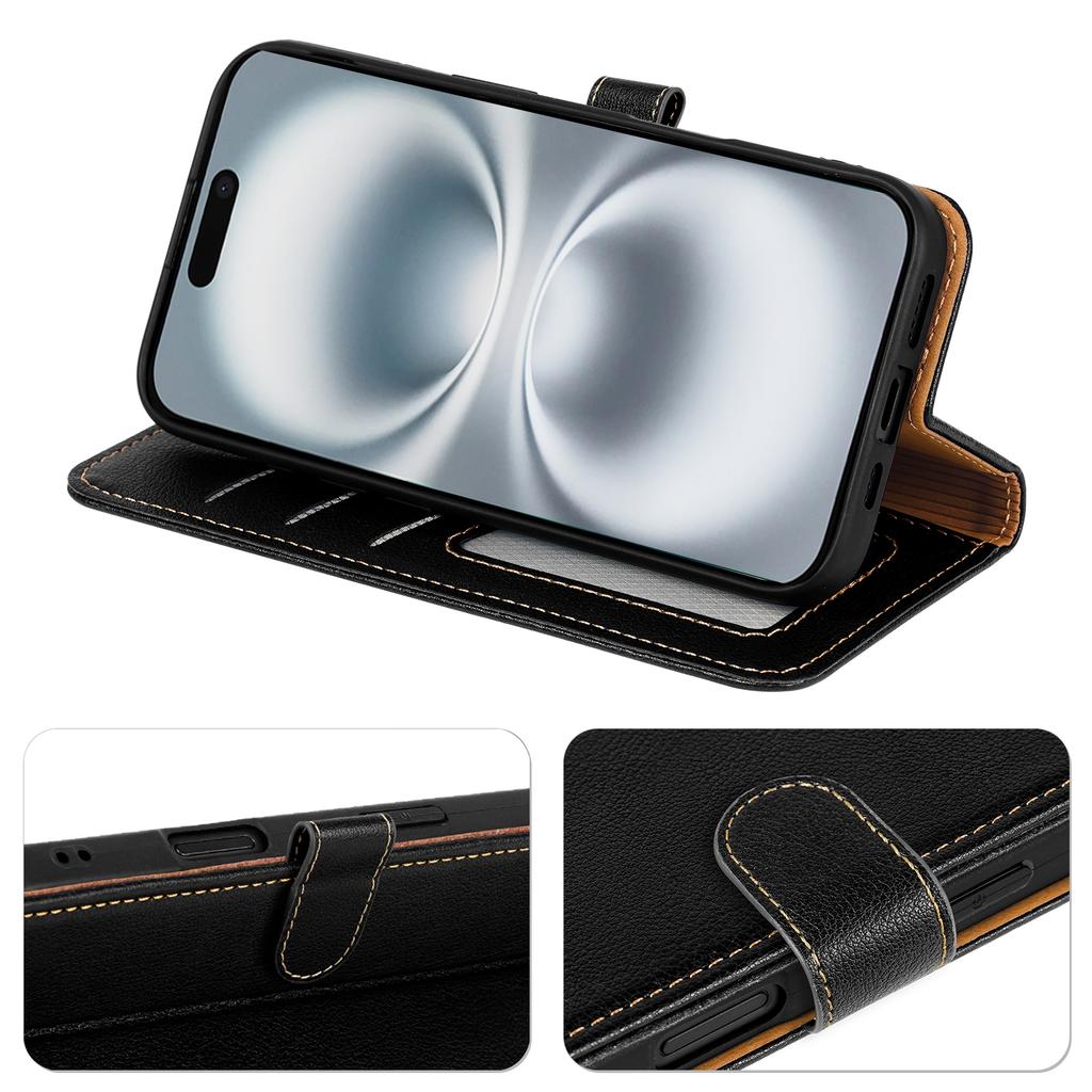 For iPhone 16 Leather Case Litchi Texture Wallet RFID Blocking Phone Cover - Black