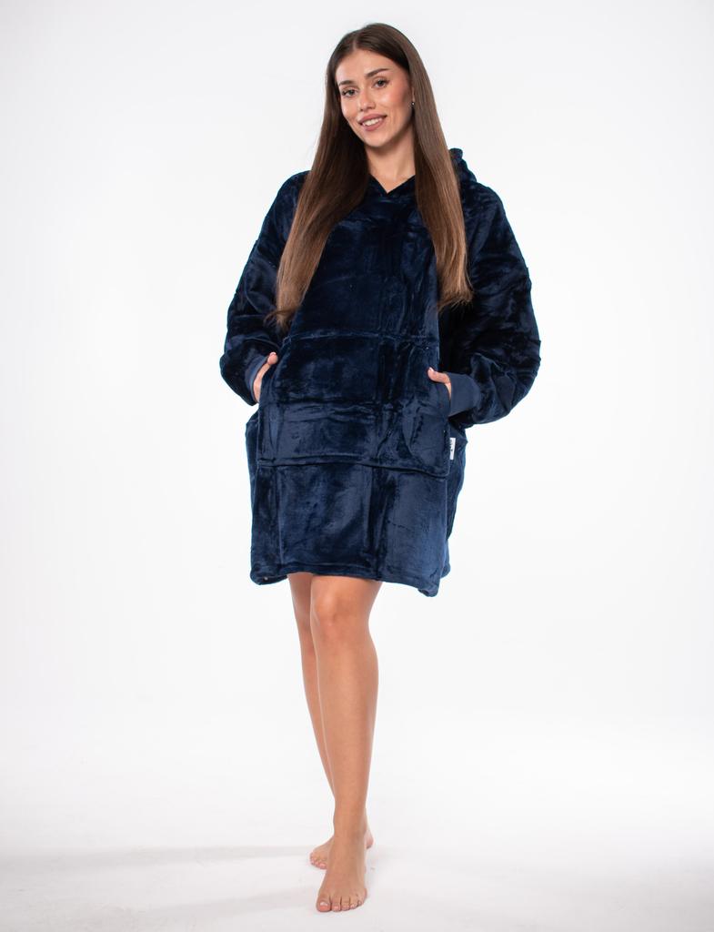 Bluza koc kocobluza 2w1 oversize xxl z kapturem gruba sherpa granatowa