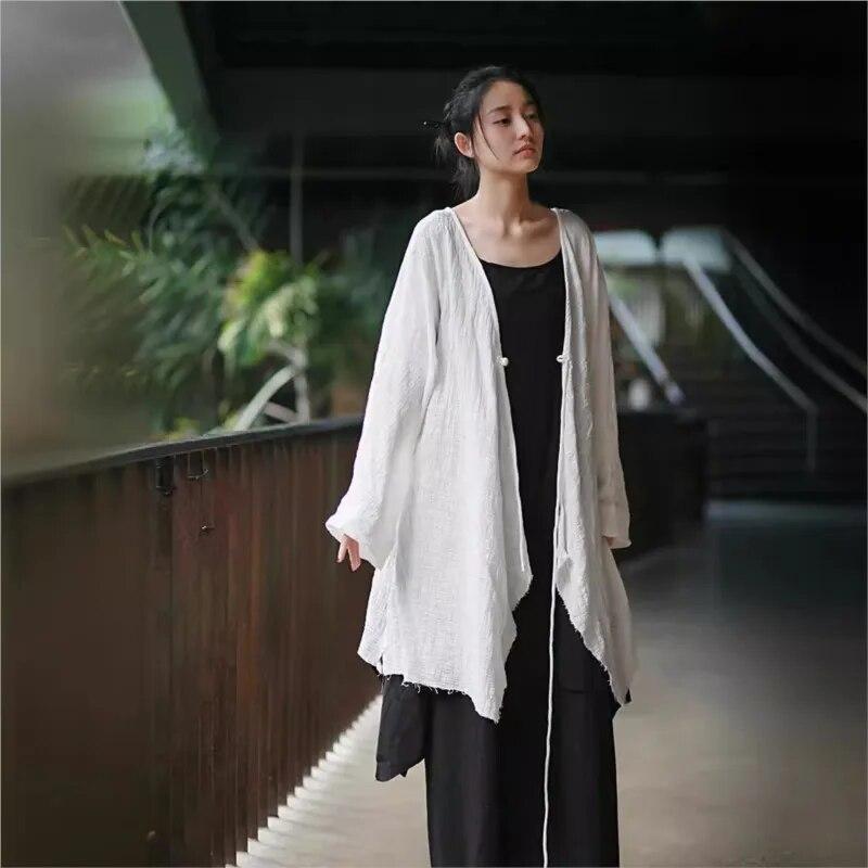 Johnature Woman Spring Loose Solid Color Vintage Coat Flared Sleeves V-Neck Retro Personality Coat
