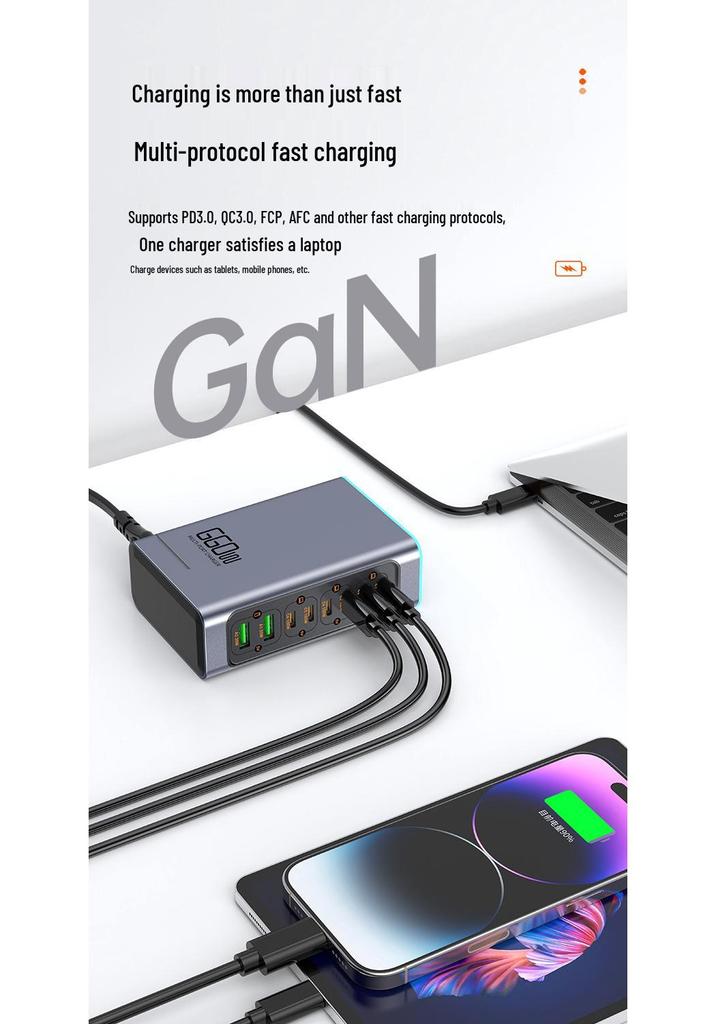 660W GaN Fast Charger for Phones & Tablets, Multi-Port Desktop Station with Flash & Apple Fast Charging