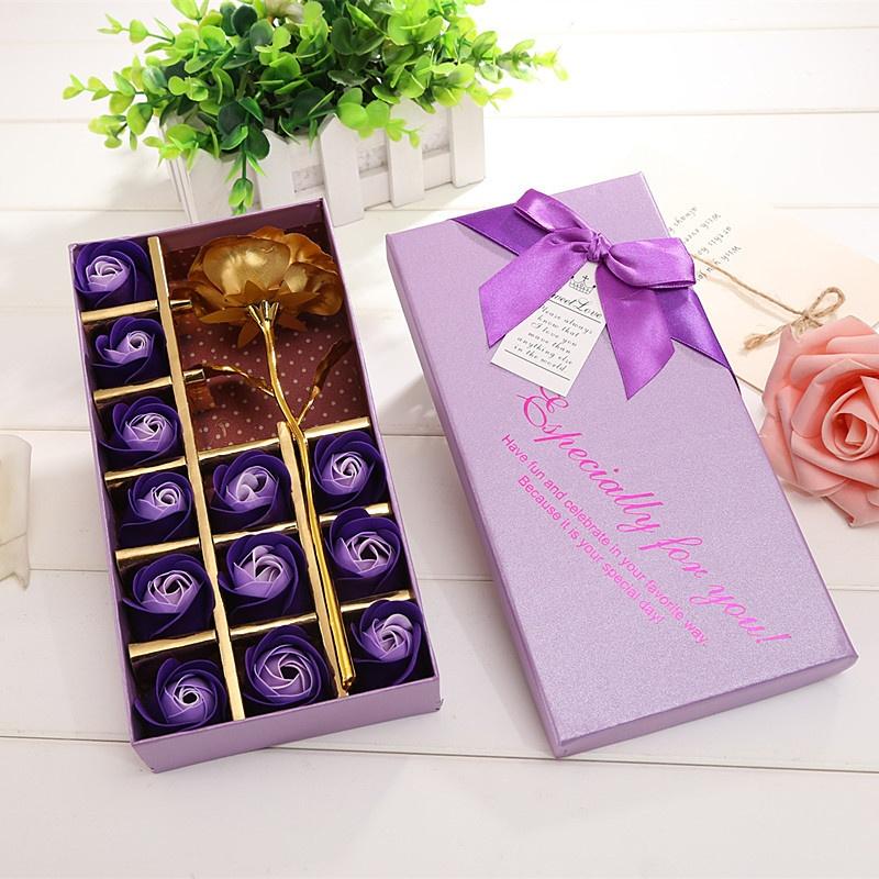 1 комплект подарочной коробки, роза на День святого Валентина, 1 шт., покрытая фольгой, Золотая роза + 12 шт., мыльные цветы для любовника/друга