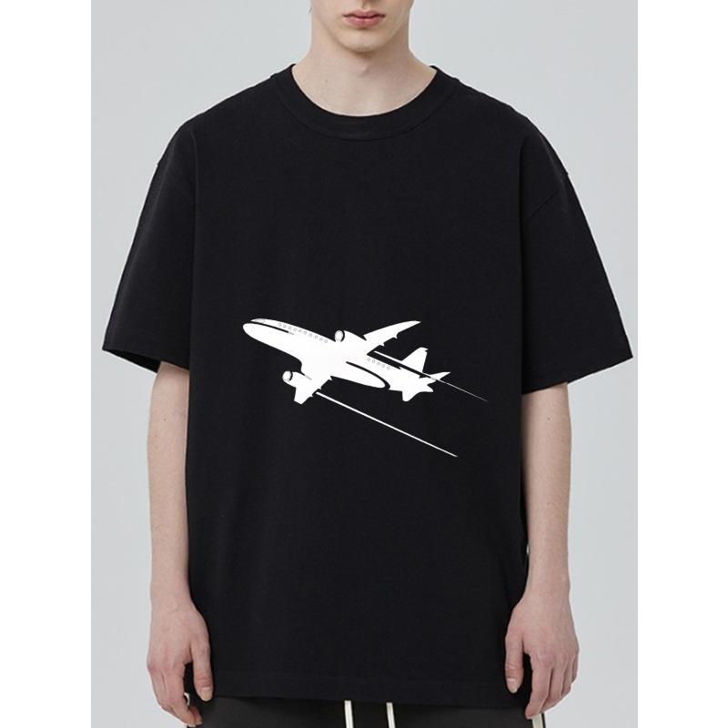 Black Oversized T-Shirt with White Airplane Print for Casual Wear