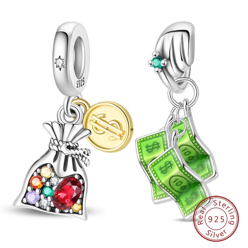 925 Silver US Dollar Wealth Freedom Rich Money Bag Pendants Charms Beads Fit Original Bracelets DIY Jewelry