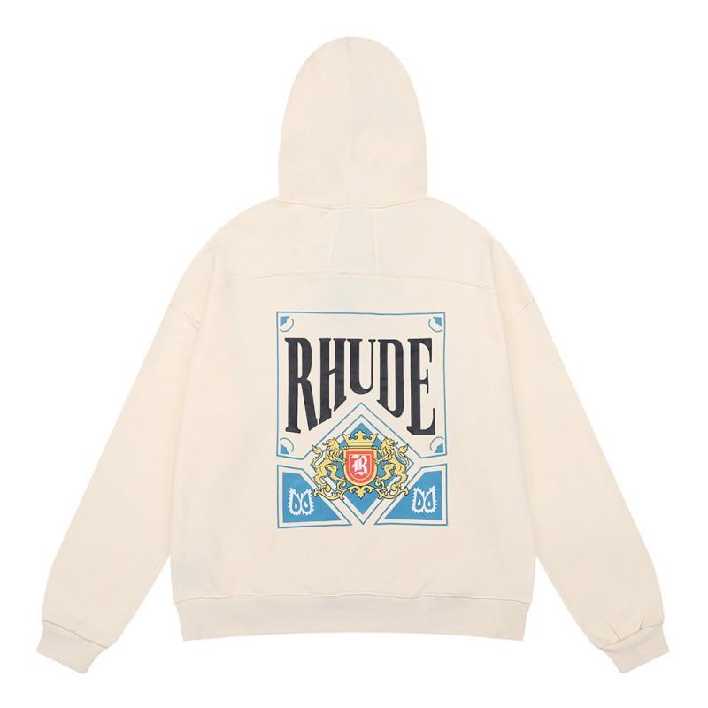 Rhude Letter Print Fleece Hoodie Oversized Fit Men Women Streetwear