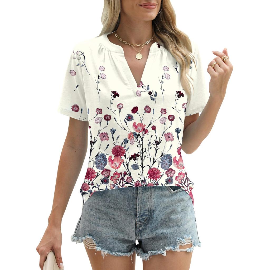 Womens Summer Tops Short Sleeve V Neck Shirts Loose Casual T-Shirts