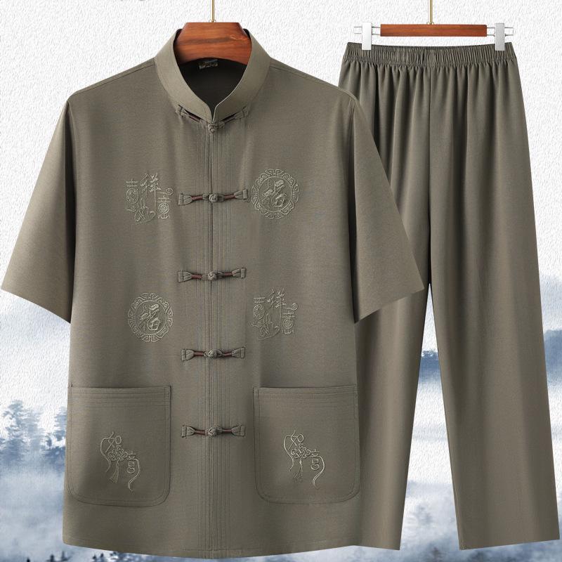 Мужской летний костюм Тан из ледяного шелка, китайская рубашка с коротким рукавом для папы и дедушки