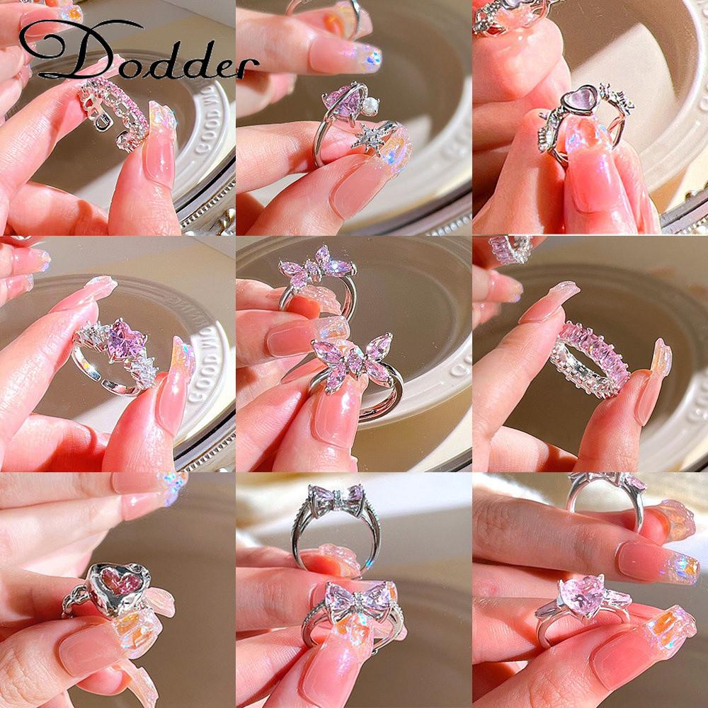 iF ME Zircon Silver Ring for Women Opening Sweet Pink Crystal Bow Heart Rings Accessories Jewelry