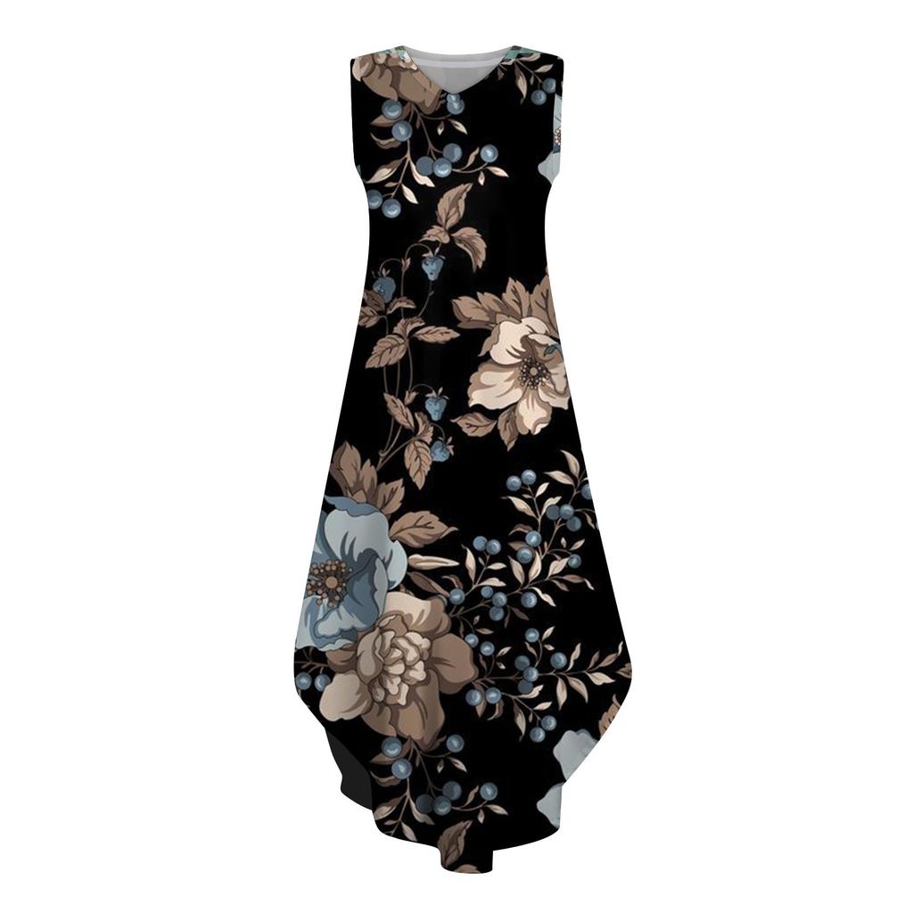 Женский 2024 летний повседневный свободный сарафан длинное платье с цветочным принтом без рукавов с v-образным вырезом и разрезом футболка платья макси