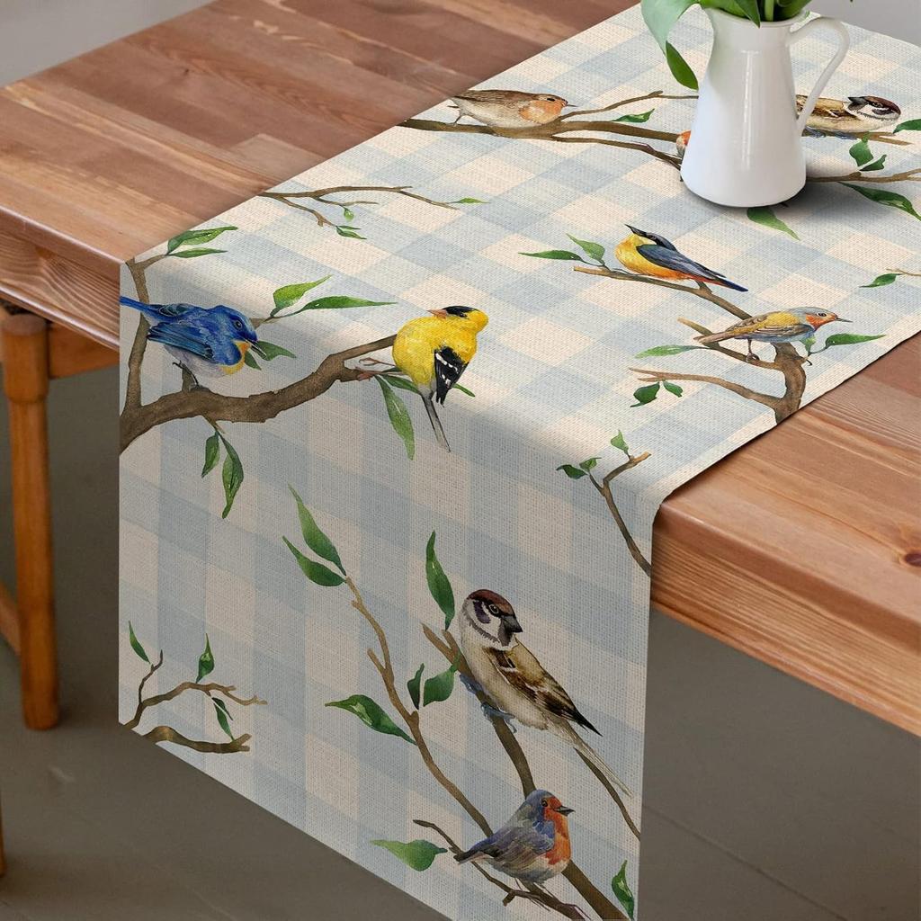 Seliem Spring Birds Tree Branches Table Runner, Buffalo Plaid Check Bluebird Robin Goldfinch Chickadee Home Kitchen Dining Decor, Summer Seasonal