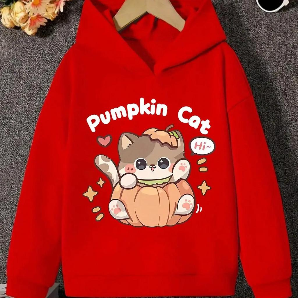 Kids hooded sweatshirt with cute pumpkin cat graphic and "Pumpkin Cat" letter print, soft loose fabric,great for daily casual wear and autumn outings.