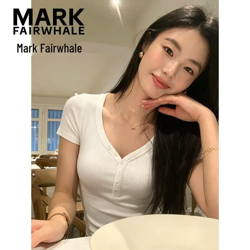 MARK FAIRWHALE Women's V-Neck Ribbed Button-Front Slim Fit Knit T-Shirt