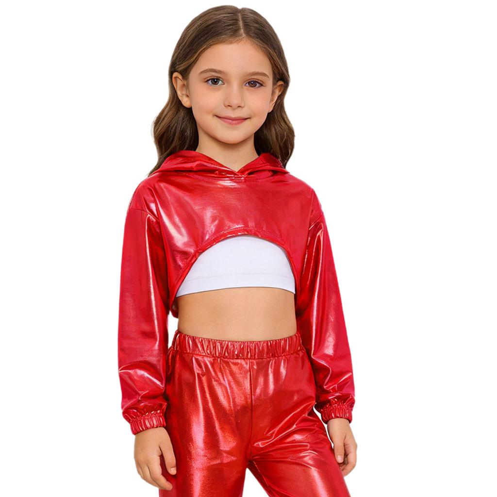 Худи для девочек в уличном стиле для танцев: Блестящий металлический укороченный топ с асимметричным подолом и длинными рукавами для соревнований