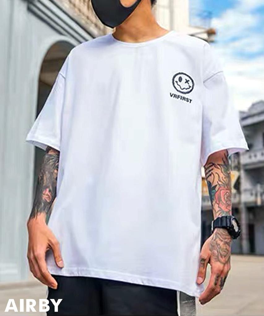 Мужская футболка с коротким рукавом, с вырезом и короткой круглой спиной в американском стиле [Airby], футболка, сшитая, с принтом «Улыбка», рукав, узор, оверсайз, большая, с персонажем,