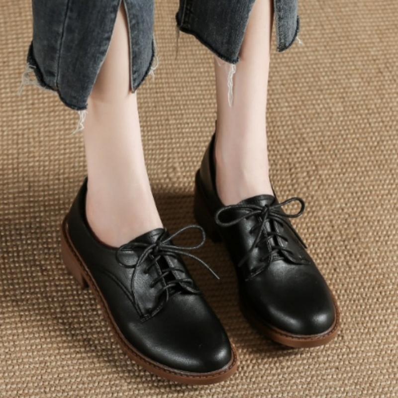 Мода 2025 Однотонные Офисные Туфли На Шнуровке Круглый Носок Мягкая Подошва Толстый Каблук Повседневные Лодочки Кожаные Удобные Средний Каблук Женская Обувь
