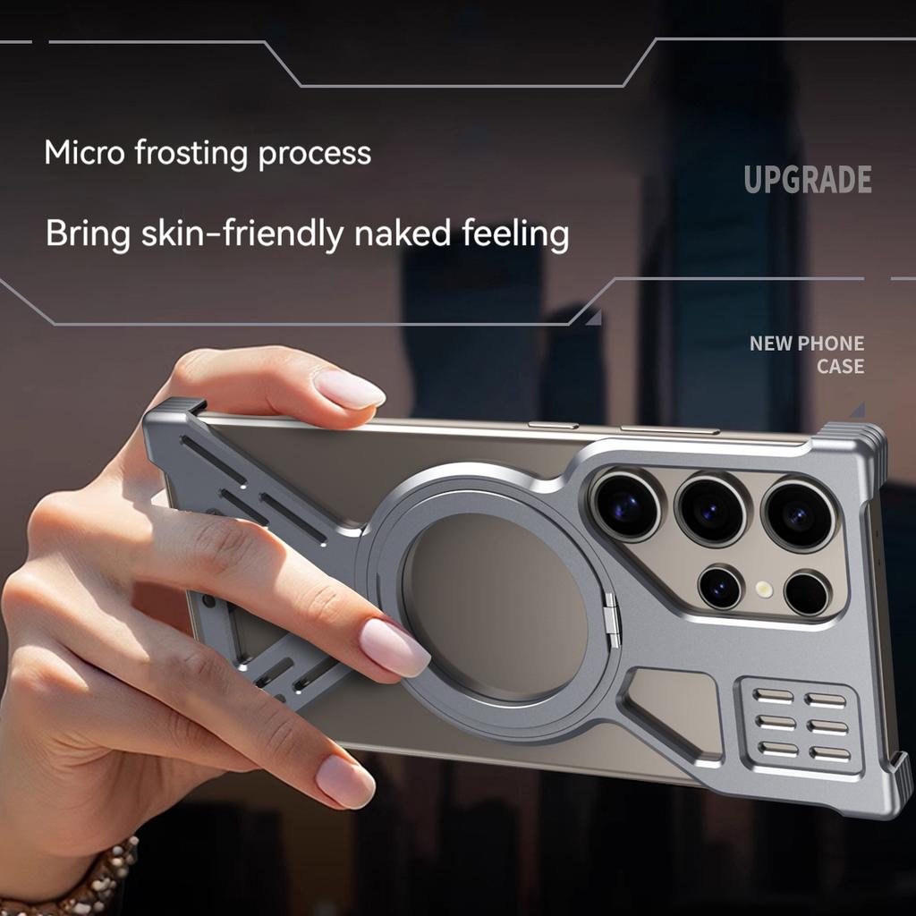 Titanium Alloy Frameless Phone Case For Samsang Galaxy S25 S24 S23 Ultra Aluminum Alloy Bumper Magnetic Rotation Holder Cover