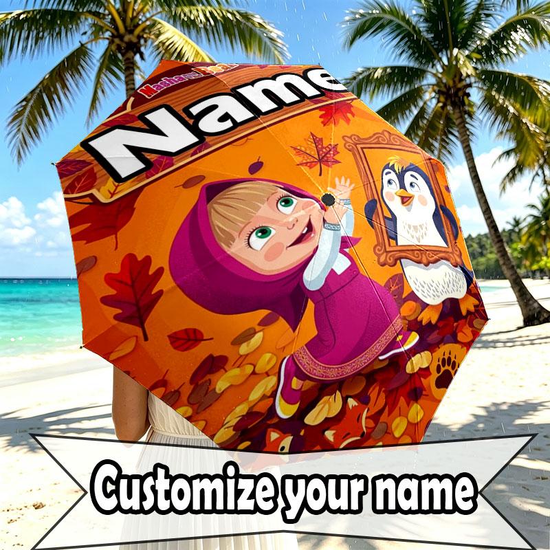 Custom Name Personalized Masha and the Bear Print Umbrella, Auto Open Close, 8‑Rib Sturdy Frame, Commute Camping Hiking Use, Birthday Gift