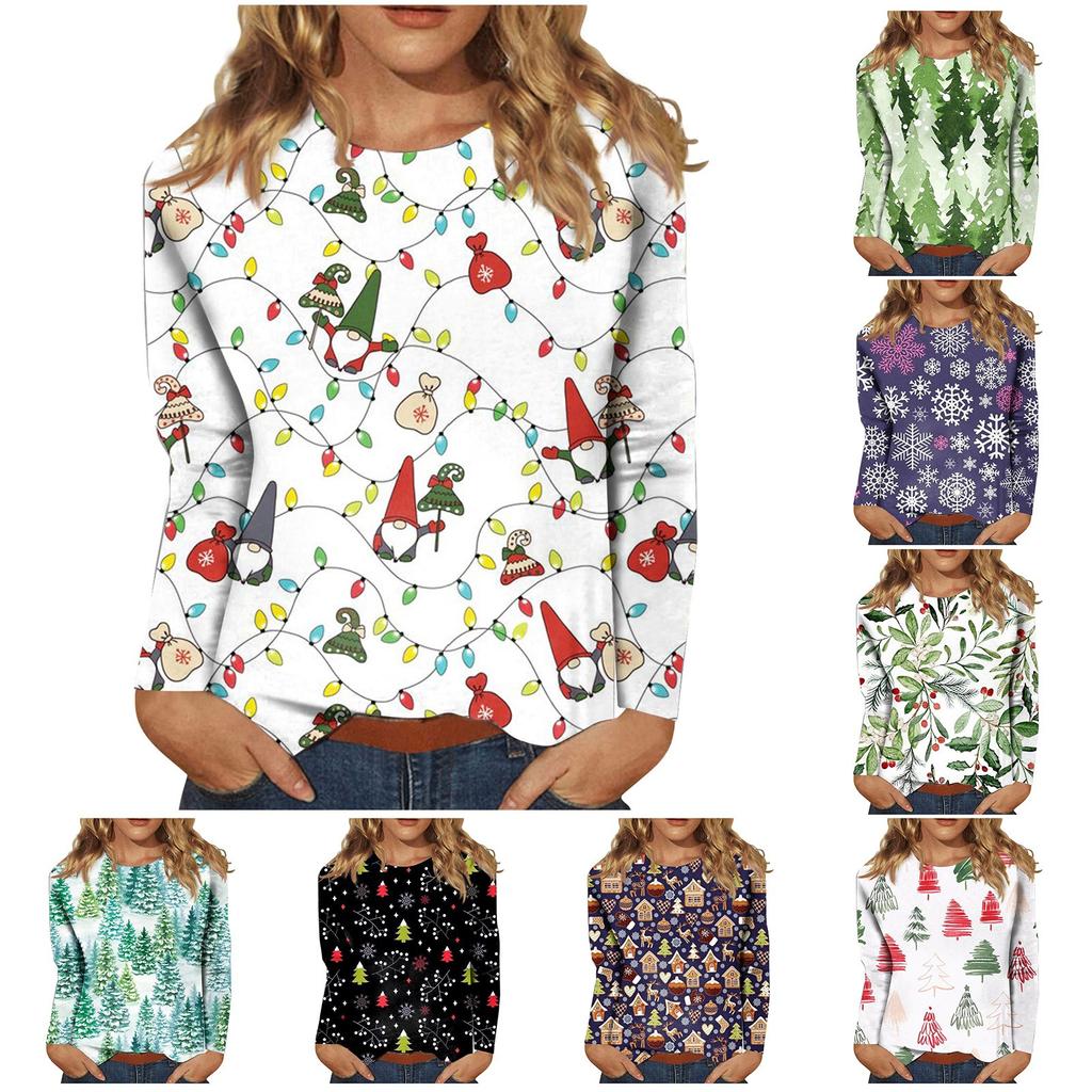 Women's Fashion Casual Long Sleeve Christmas Print Round Neck Pullover Top Blouse