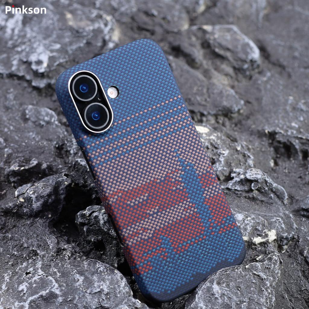 Pinkson IPhone 17 Case, City Sunset Apple 17 Kevlar Aramid Carbon Fiber Pattern Full Coverage Frosted Hard, Simple Business Lightweight for Me