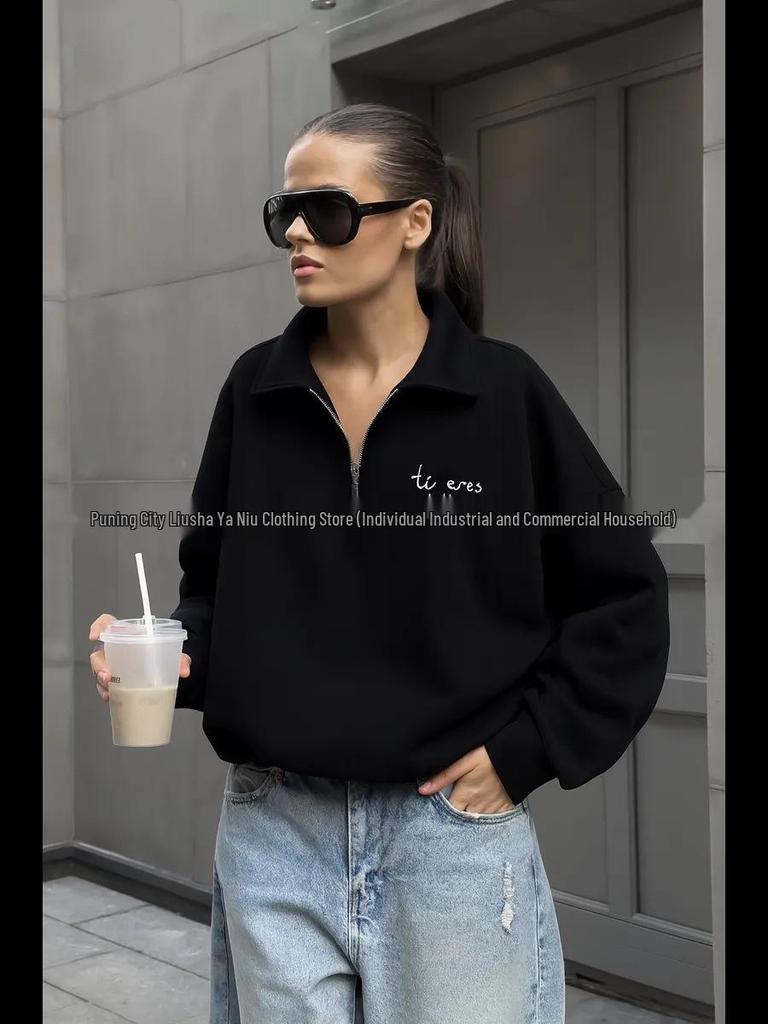Sleek Versatile Thickened Lapel Zipper Hoodie for Autumn/Winter in European American Style