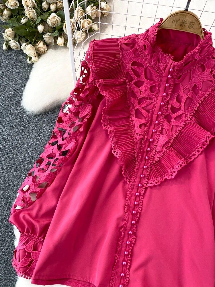 Винтажная блузка в стиле суда для женщин, с воланами, ажурные кружевные лоскутные рубашки с длинными рукавами-фонариками, женские блузки, Прямая поставка